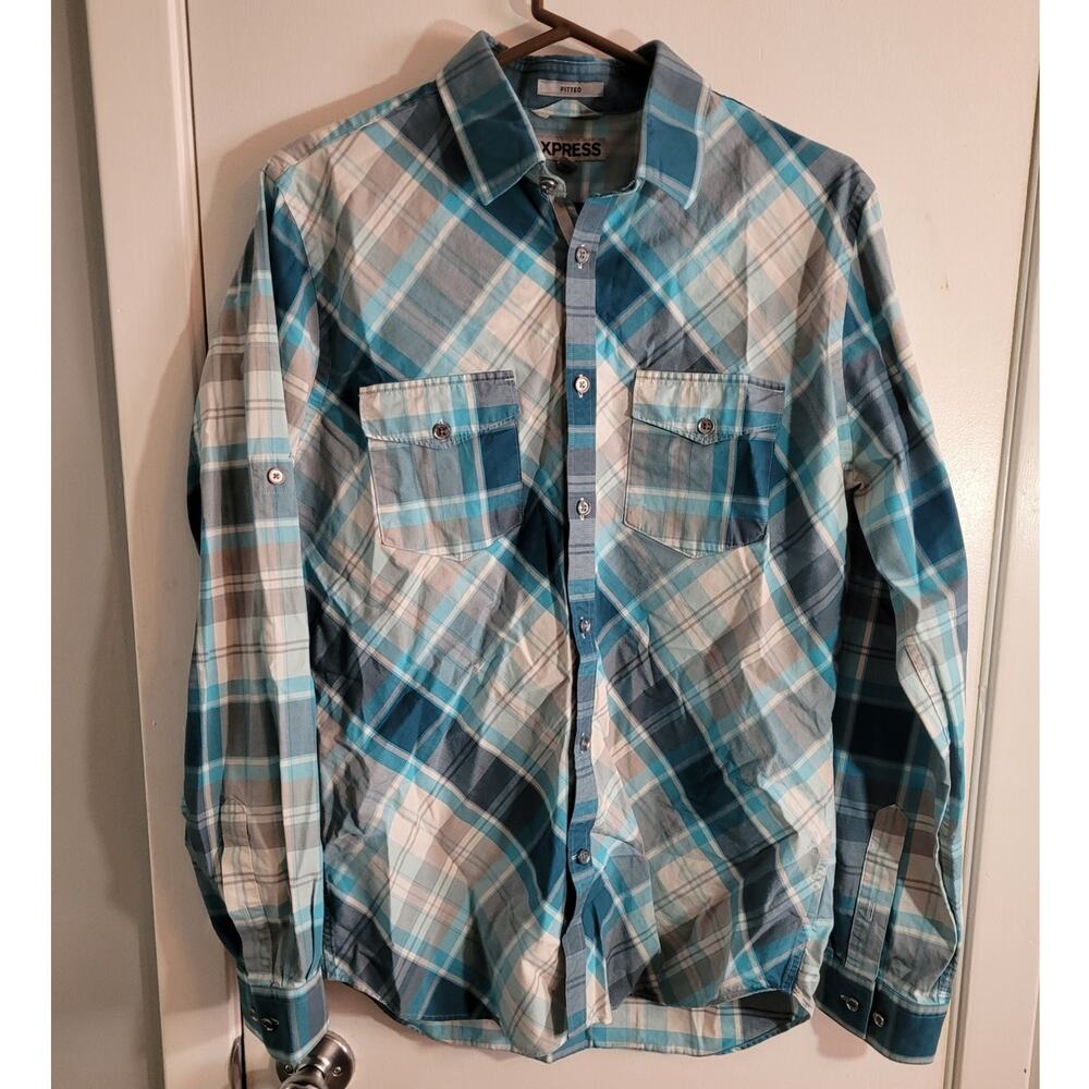 Express Men's Turquoise Plaid Fitted Button Down Shirt Medium Preppy Western